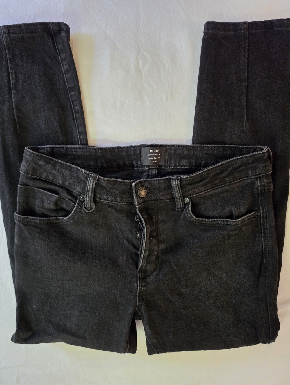 Neuw Denim Iggy Skinny Washed Black Button Fly Split Hem Jeans 32